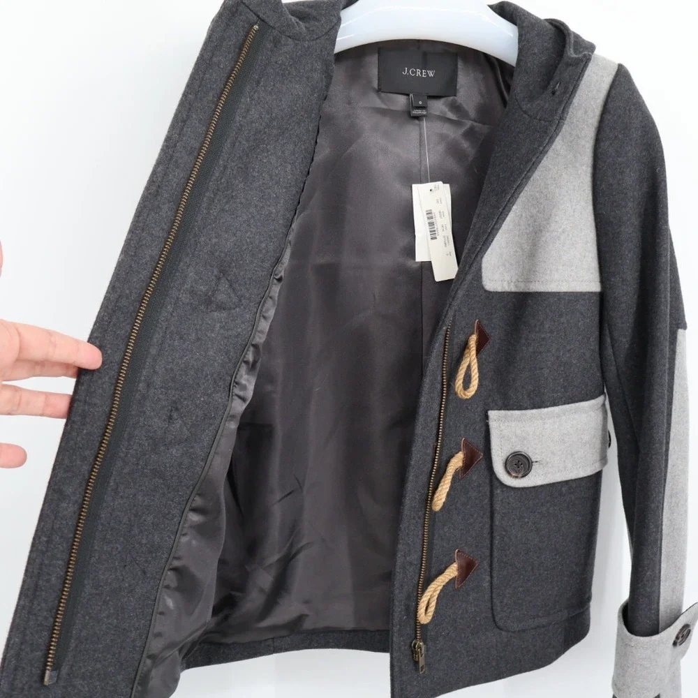 NWT J Crew Colorblock Duffle Coat Wool Black Gray Size 0 Nautical Boating Preppy - Picture 9 of 11